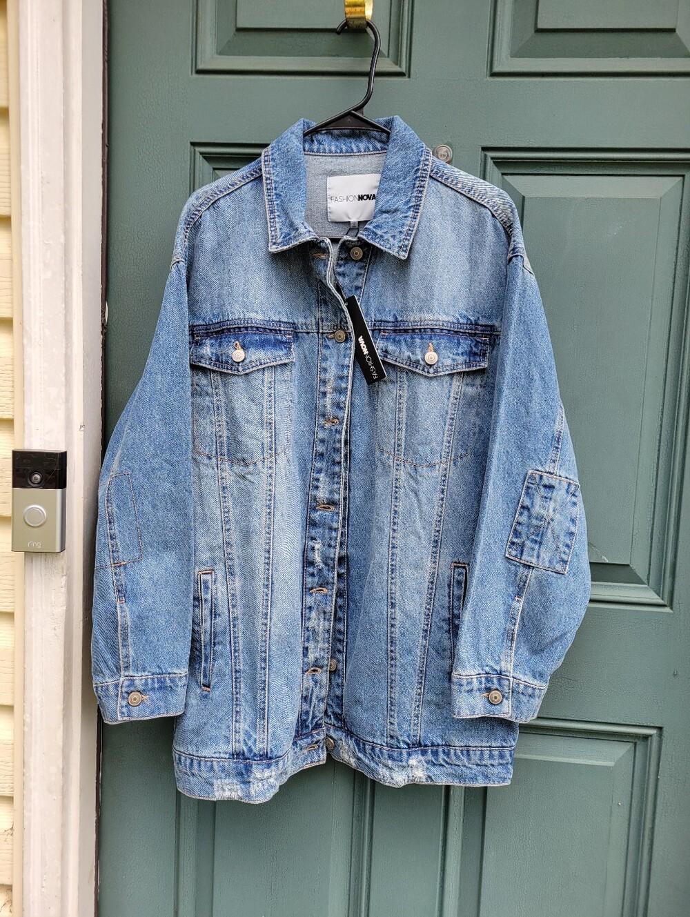 Fashion Nova Losing Focus Denim Trucker Jacket Size S NWT Oversized Distressed